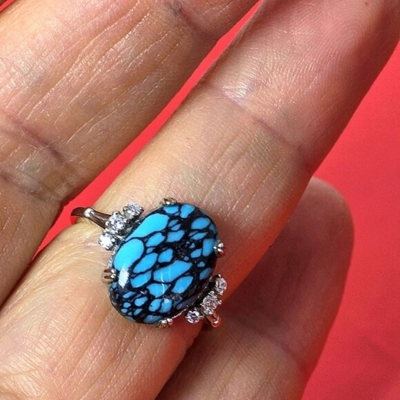 925 Sterling Silver Ring SZ 6.5 with Natural Turquoise   & CZ - Picture 2 of 14